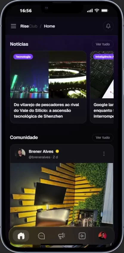 Aplicativo RiseClub no celular: conteúdos, comunidade e notícias