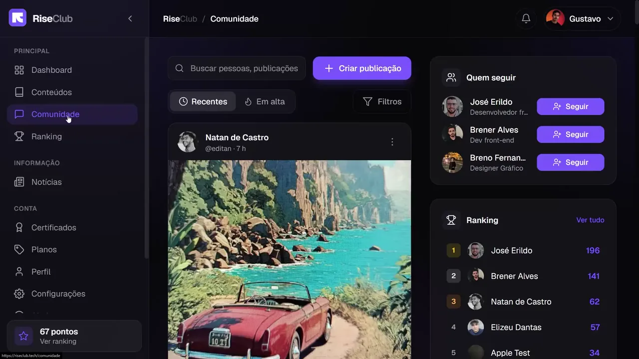 Publicações e projetos compartilhados na comunidade RiseClub