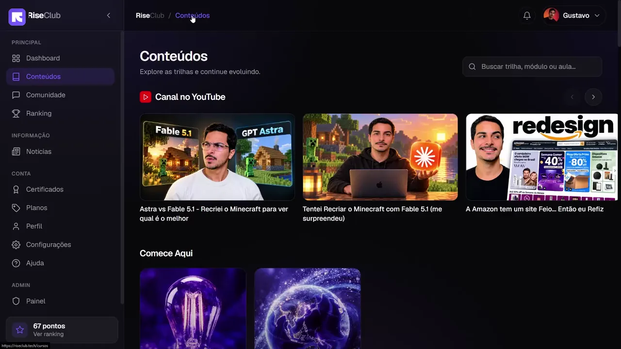 Navegação pelos conteúdos da RiseClub e abertura de uma aula